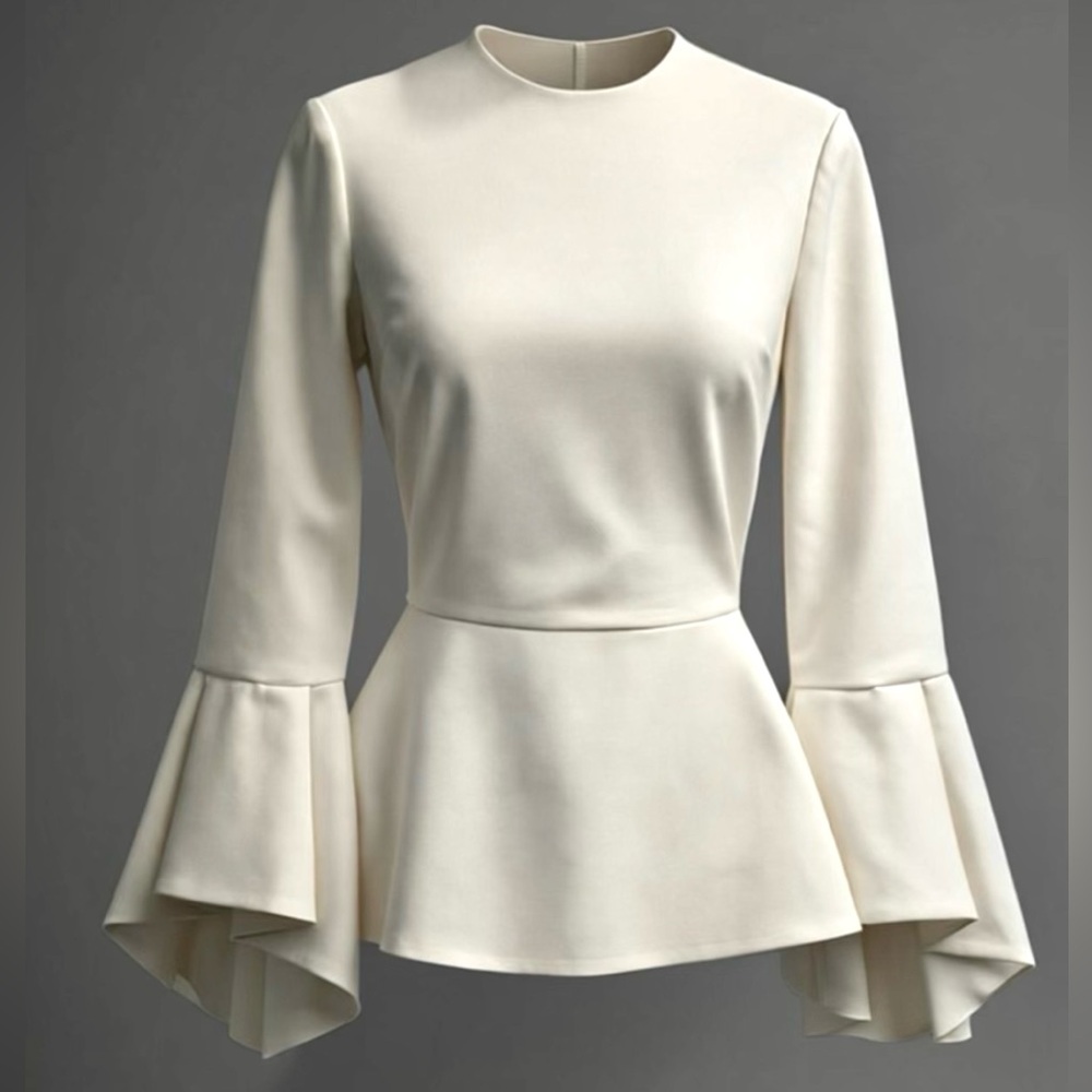 Alice + Olivia “Ruby” Trumpet Sleeve Peplum Blouse, white, XS, EUC